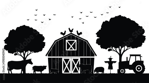 Serene black and white silhouette illustration capturing a traditional rural farm scene with a barn, livestock, and tractor against a tranquil sky