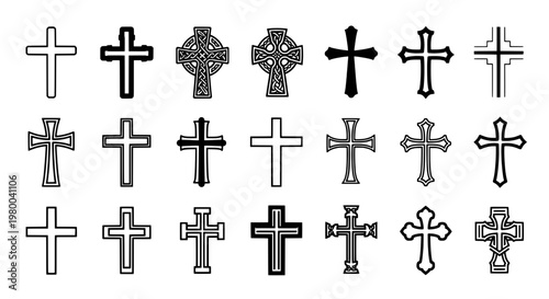 Crosses religious icons set with medieval gothic design elements, black and white line art for faith and worship themes