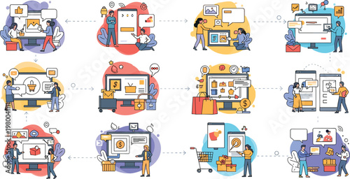 Ecommerce and online shopping process set with delivery, payment, customer service, product browsing and digital marketing concepts in flat vector illustration