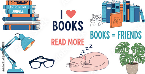 Books and Reading Theme Collection with Illustrations of Bookshelves, Cats, Glasses, Desk Lamps, and Inspirational Reading Quotes for Book Lovers and Library Decor