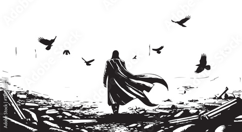 Dramatic silhouette, apocalyptic landscape, dark figure, flying birds, destruction scene