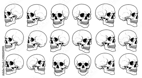 Skull outline icon set with hand-drawn style and hollow eyes for horror, anatomy, tattoos, and Halloween designs