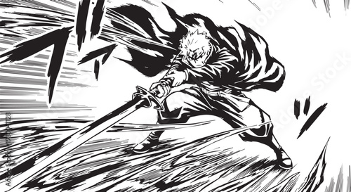 Konstfotografi Dynamic samurai warrior, manga style, black and white, action pose, sword fighti