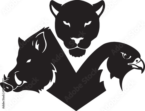 Panther Boar Hawk Animal Silhouette Logo Vector Shield Mascot Design Predator Trio Emblem