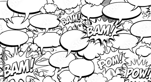 Speech bubbles comic explosion with BAM POW sounds, doodle clouds and dynamic hand-drawn linework for posters and storytelling