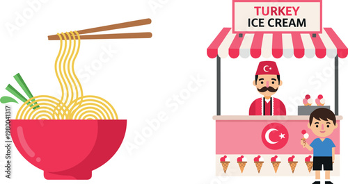 Bowl of Noodles with Chopsticks and Turkish Ice Cream Cart, Street Food, Global Cuisine, and Cultural Food Experiences, Vector Illustration