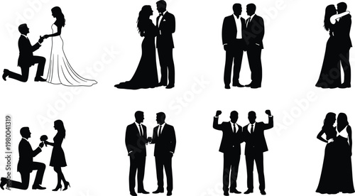 Silhouette collection of diverse couples including wedding proposals romantic pairs same sex partners and formal celebrations for elegant design projects.