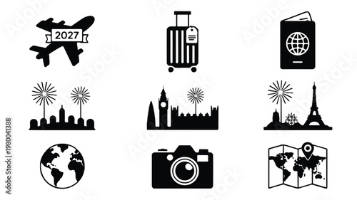 A Diverse Collection of Black and White Icons Representing Travel, Tourism, and Global Exploration
