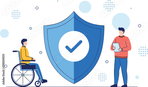 Accessibility and Protection Concept with Wheelchair User, Shield, and Security Check, Vector Illustration for Inclusive Design and Digital Accessibility