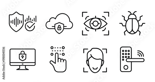 Cyber security and biometric web line icons set featuring retina eye scan, face recognition, cloud lock, voice encryption, smart door access, and more Vector Illustration with editable stroke.