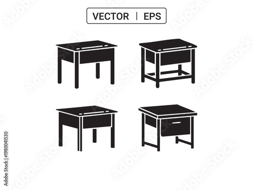 Collection of desk and table icons with drawers and storage space simple design.