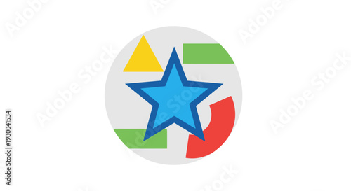 Blue star with geometric shapes in a circle.