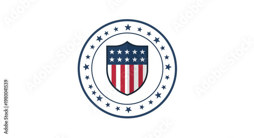 American patriotic shield emblem with stars and stripes design.