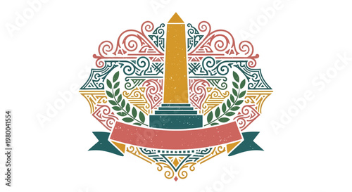 Stylized Obelisk Monument with Ornate Decorative Frame and Laurel Wreath.