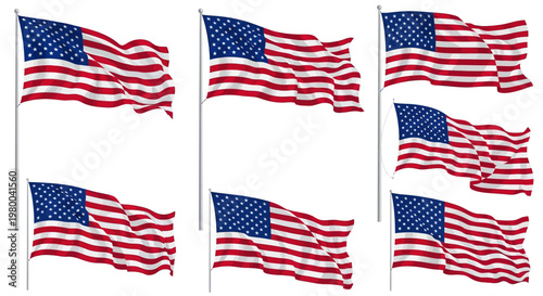 Multiple American flags waving in the wind showcasing patriotism and national pride.