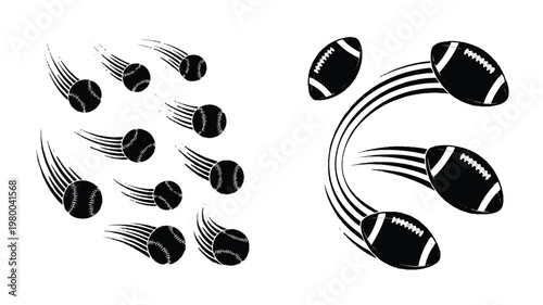 Black and White Vector Illustration Depicting Motion of Sports Balls Such as Tennis and Football