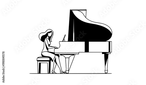Elegant Minimalist Woman Playing Piano Flat Vector Illustration Isolated on White Background Music Concept