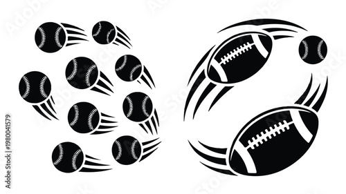 Collection of black and white vector illustrations of sports balls in motion, ideal for sports-themed designs