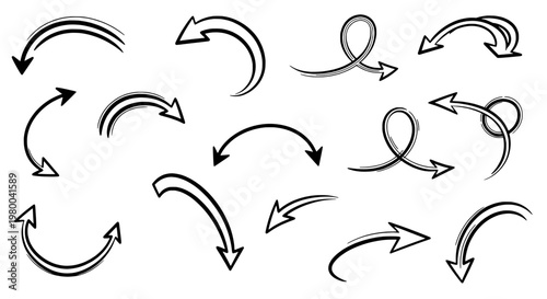 Arrows vector navigation set with curved outlines, double shafts, and loop directions for UI flow diagrams