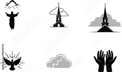 Ascension Day Christian Icon Set with Jesus Christ Church and Dove Silhouette