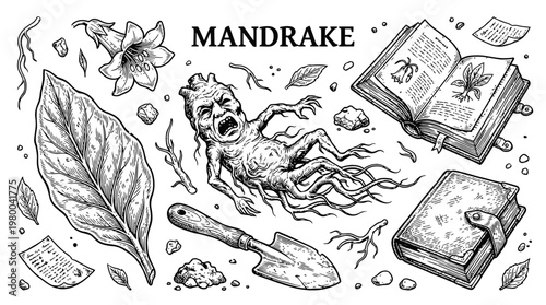 Vintage engraving style vector illustration of a mystical screaming mandrake root surrounded by alchemical books, botanical leaves, flowers, and garden tools in black and white line art.