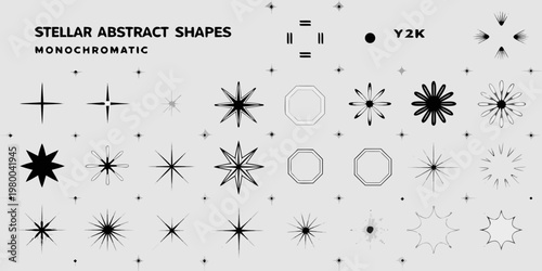 Abstract stellar shapes and designs in monochrome reminiscent of y2k aesthetics