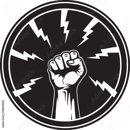 Black and white clenched fist with radiating lightning bolts inside a circle also transparent background
