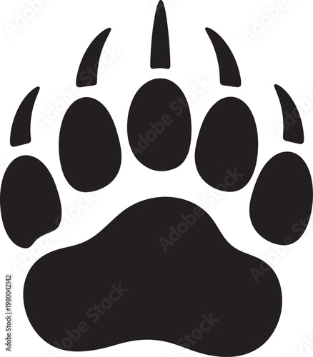 Black bear paw print silhouette with five claws on white background, also transparent background, animal track