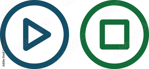 Play and stop button icons representing multimedia playback controls for digital user interface navigation and interaction
