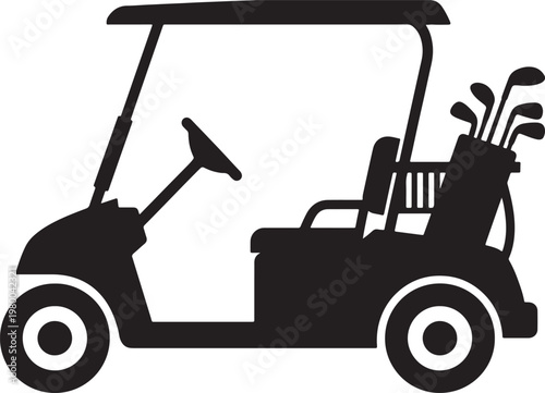 Black silhouette of a golf cart with clubs in a bag, side view, on a white background, also transparent background