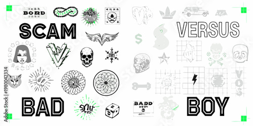 Collage of edgy graphics text and symbols representing opposing forces