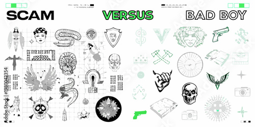 Collage of sketches contrasting scam and bad boy imagery