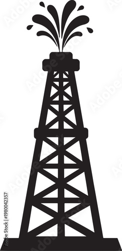 Black silhouette of an oil derrick with a liquid geyser erupting against a transparent background, also transparent background