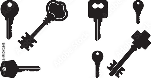 Collection of diverse black silhouette keys on a white background, featuring various shapes and styles also transparent background