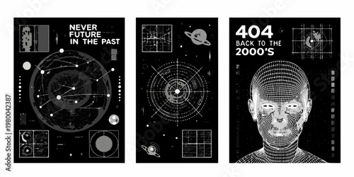 Abstract digital art featuring planets glitches and a wireframe face