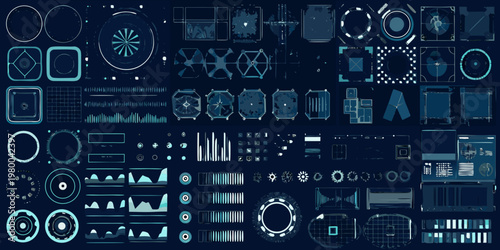 Abstract arrangement of futuristic user interface elements in dark blue