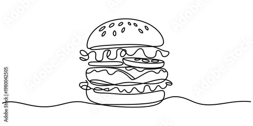 continuous one line drawing Man with helmet and hat holding baseball bat with cheeseburger burger fast food meal sandwich illustration