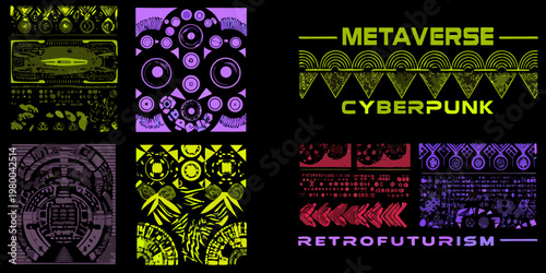 Cyberpunk and retrofuturism patterns with metaverse text on black background