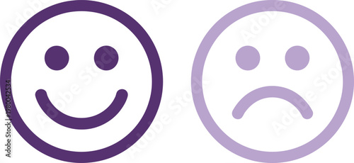 Two purple emoji icons showing a happy smiling face and a sad frowning face for communication