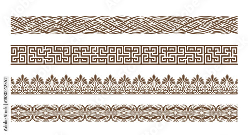 Set of Classic Ornamental Decor Borders with Intricate Braided Meander and Floral Patterns