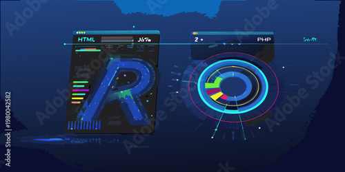 Abstract digital illustration showcasing programming languages and code interfaces