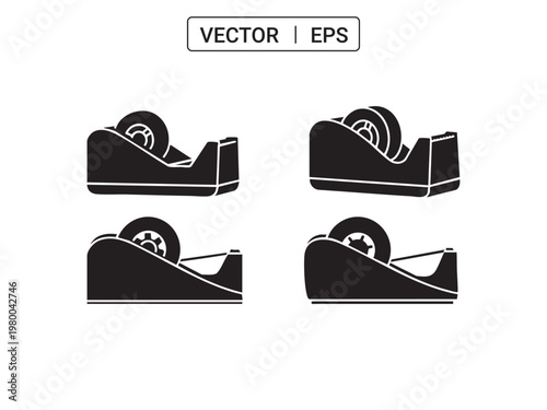 Adhesive tape dispenser icons for office packaging and stationery supply vector collection.