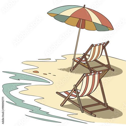 Beach scene with two deck chairs and colorful umbrella on sandy shore by the sea