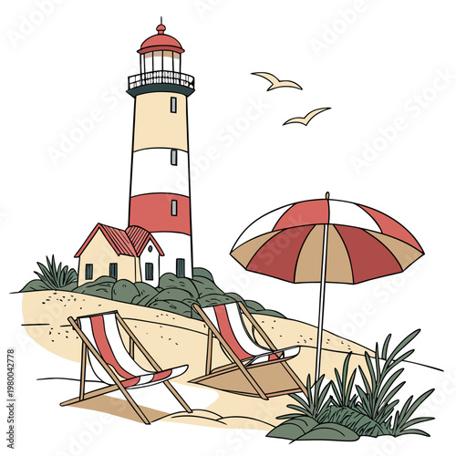 A colorful cartoon illustration of a beach scene with a lighthouse, two deck chairs, and an umbrella on a sandy shore with green plants and seagulls flying overhead