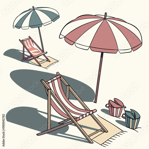 Beach scene with deck chairs, umbrellas, and buckets on a sandy shore with a beige background