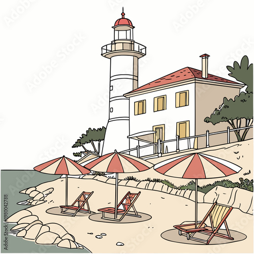 A serene beach scene featuring a white lighthouse with a red roof and a house next to it, surrounded by beach chairs and umbrellas on a sandy shore