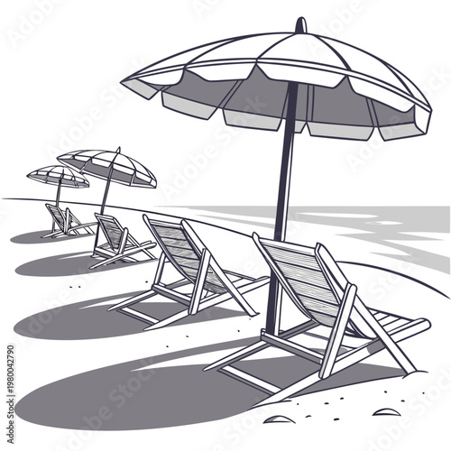 Illustration of beach scene with deck chairs and umbrellas on sandy shore