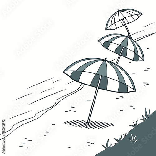 Illustration of beach umbrellas on a windy day by the ocean