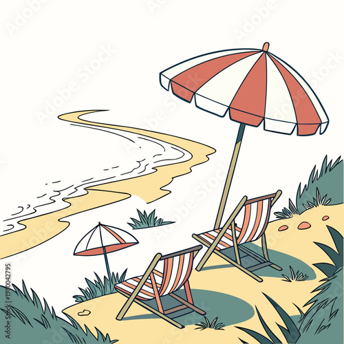 A serene beach scene with two striped deck chairs and a matching umbrella on the sandy shore by the ocean waves