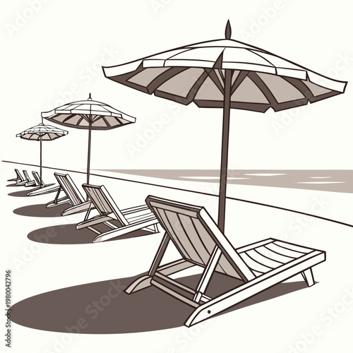 Beach scene with lounge chairs and umbrellas on sandy shore by the ocean in a vector illustration